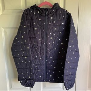 GAP kids XXL (14-16) navy blue with silver stars hooded jacket